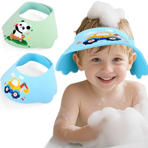 2 Stück Duschhaube Kinder, Baby Duschhaube Kinderdusche Weiches EVA mit Verstellbarem Klettverschluss, Haare Waschen Kinderschutz, Schutz für Augen, Ohren & Nase beim Haarewaschen (Blau & Grün)