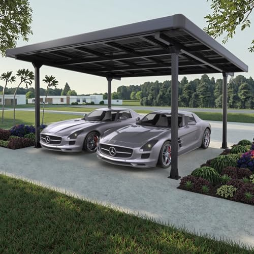 Doppelcarport Carport für 2 Autos inkl. 15 Solarmodule mit Dachverkleidung & Regenrinne, Schwarz