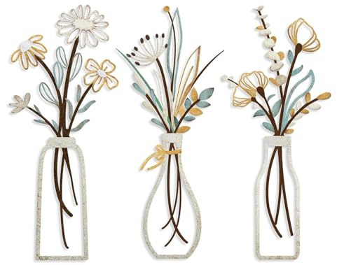 Mailfull 3 Stück Wanddeko Metall Blumen Wanddekoration Minimalistische Vase Wandkunst für Schlafzimmern Wohnzimmern Badezimmer Küche Fluren Farbig