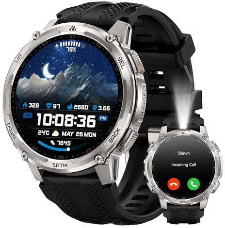 KOSPET TANK T4C Smart Watch for Men, GPS, LED Flashlight and Walkie-Talkie | Rugged Full Metal Body, Bluetooth Call, 1.5” AMOLED Display, 50M Waterproof, 50 Days Battery Life, Heart Rate/Sleep Monitor