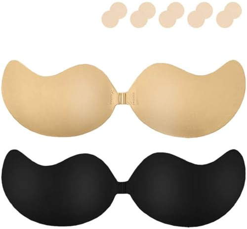 Yutdeng Soutien Gorge Adhesif Soutien Gorge Dos Nu Invisible Respirant Push Up Soutiens-Gorge Autoadhésifs Silicone sans Bretelle Réutilisable avec Cache-téton pour Robe de Soirée Mariée,Beige+Noir,B
