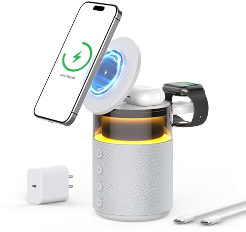 3-in-1 Bluetooth-Lautsprecher mit Nachtlicht und kabellosem Ladegerät, dimmbare Nachttischlampe mit Induktionsladestation – Kompatibel mit iPhone 17/16/15/14/13/12 Pro Max, Apple Watch 33W (Weiß)