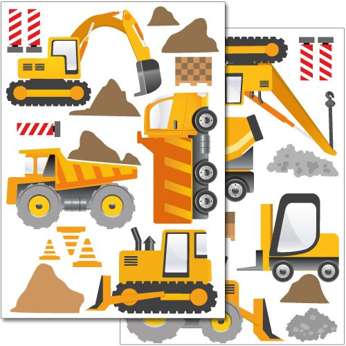 Wandkings Baumaschinen Wandsticker Set, 33 Aufkleber, 2 DIN A4 Bögen, Gesamtfläche 60 x 20 cm