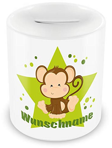 Samunshi® Kinder Spardose mit Namen und Affe als Motiv für Kinder - Jungen und Mädchen Sparschwein weiß