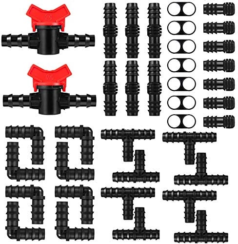 Kalolary 42Pcs Drip Irrigation Fittings Kit 2 Switch Valves, 8 End Closures, 8 Couplings, 8 Tees, 8 End Cap Plugs,8 Elbows, Drip Sprinkler Systems Irrigation Water Hose Connector