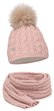 ELIMELI® Mütze Schal Damen Winter Kombi Set - warme Strickmütze Wintermütze mit Bommel und EIN passender XL Schal - Slouch Strick Beanie Bommelmütze Made in EU Farbenauswahl 15568 (Rosa)