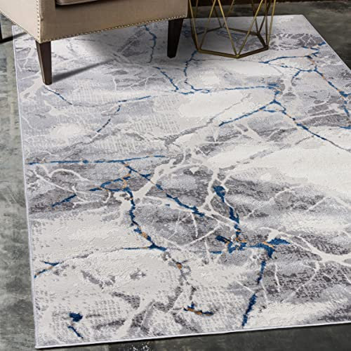 Carpeto Rugs Abstraktes Vintage Designer Teppich - Kurzflor - Weich Teppich für Wohnzimmer, Schlafzimmer, Esszimmer - ÖKO-TEX Wohnzimmerteppich Marmor Optik - Teppiche - Grau Blau - 80 x 150 cm