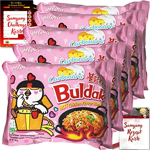 asiafoodland - Samyang Carbonara Set - Buldak Ramen aus Südkorea - scharf/cremige Nudeln - mit Challenge- u. Rezeptkarte, 5er Pack (5 x 130g)