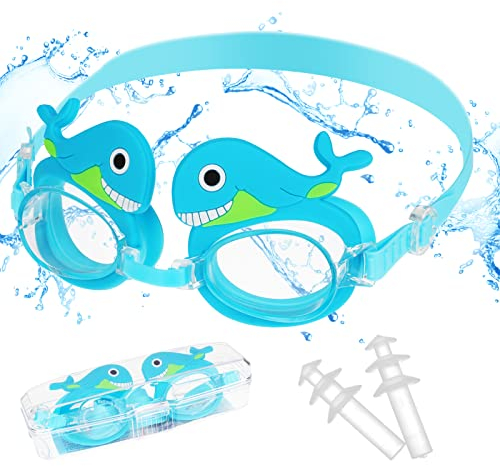 Anti-Fog Schwimmbrille,Süße Delfin Schwimmbrille für Mädchen Jungen 4-14, Schwimmbrille mit Breiten Gläsern, Orbit-Proof Dichtungen, Auslaufsicher,Klare Sicht,Wasser Pool Brille,Ohrstöpsel Brillenbox