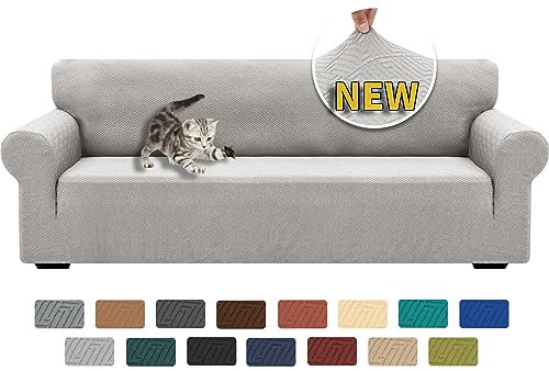 XINEAGE Sofabezug 4 Sitzer, High Stretch Sofaüberwurf für Wohnzimmer, Moderne Sofaüberzug, Jacquard Sofa überzug für Hunde, Haustiere, Rutschfester Sofa Cover (4 Sitzer, Silber Grau)