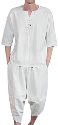 Herren Leinenanzug Sommer Zweiteiler Freizeitanzug Einfarbig 2-teilige Mittellange Ärmel Rundhalsausschnitt Entspannt Shirt und Haremshose Set Baumwolle Leinen Anzug Weiß L