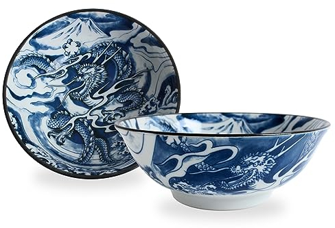 Mino ware Japanese Pottery Pair Ramen Noodle Donburi Bowl (set of two) made in Japan KND202 (Dragon & Mt. Fuji Blue)