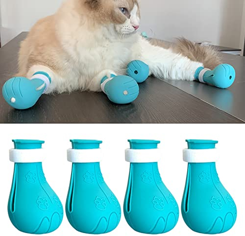 TITA-DONG 4 Stück Silikon-Anti-Kratz-Katzenschuhe, Anti-Off-Schuhe, Nagelhandschuhe, Katzenstiefel Nur für Katzen, Silikon-Haustier-Katzenpfotenschutz, Katzenfüße, Krallenabdeckungen für die(Blau)