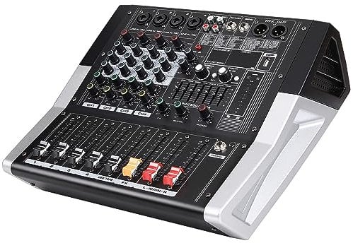 DJ Mixer,4 Channel Powered Sound Mixer with stereo 4 ohm 2x300w,Professional Small Audio Mixer,usb recording mixer with 99 DSP effects
