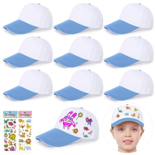 Saijer Gorra de Béisbol Infantil para Pintar - 9 Piezas Sombreros para Colorear DIY en Blanco - Kit Casual de Graffiti para Niños