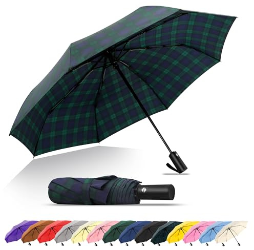SoulRain Reise-Regenschirm, winddichter und kompakter Regenschirm für Regen, perfekter großer Auto-Klappschirm, idealer Autoschirm, Golfschirm und Reisebegleiter (Plaid)