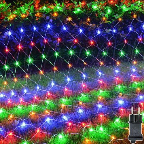 Meision Rete luminosa per esterni, 3 x 3 m, 272 LED, catena luminosa interna con timer + spina a 9 modalità + funzione di memoria, IP44 espandibile in rete per balcone, cespugli, giardino, multicolore