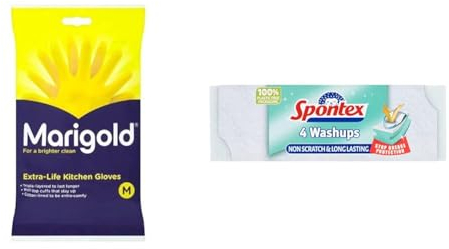 Marigold Unisex RUBBER GLOVES KITCHEN- Yellow, Pack of 1 & Spontex Washups Non Scratch Sponge Scourers, Pack of 4