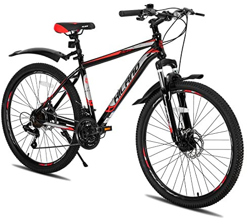 Hiland Mountainbike, Mehrspeichen, 21 Gänge Schaltung, Aluminium Rahmen 26 Zoll Laufräder, Scheibenbremse Fahrrad für Männer Frauen Herren MTB-Fahrrad Schwarz&Rot