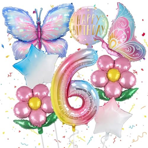 8 Stück 6 Jahre Schmetterlinge Luftballons Geburtstagsdeko mit Band 6 Jahre Mädchen Folienballon Schmetterling Ballon Kindergeburtstag Deko Happy Birthday Decorations Themenparty Dekoration