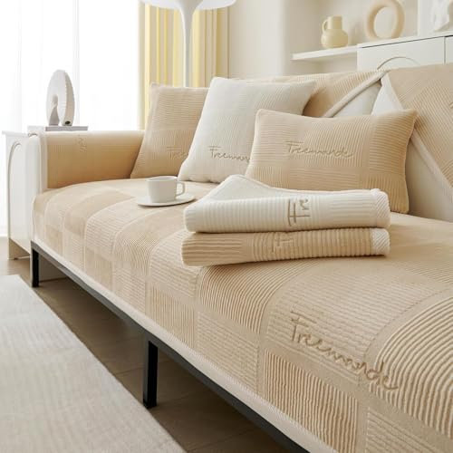 FASCINATDECO Couch Überzug, Sofa Überzug 1/2/3/4 Sitzer Sofabezug Ecksofa L Form, Sofaschoner rutschfest, Samt Sofa Sitzkissenbezug, Waschbar Couchbezug (Heller Kaffee,90x120cm)