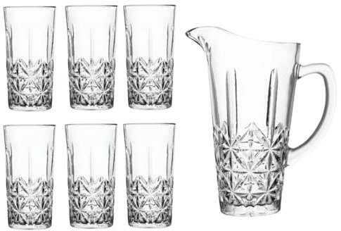 Reldor Clear 1.58L Glass Jug and Tumbler Set, Crystal Effect Water Juice Glasses Tumblers & Pitcher Jug, Ideal for Cold Water, Wine, Coffee, Milk and Juice Beverage, Set of 7