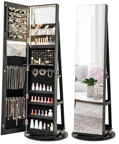 RELAX4LIFE Armoire à Bijoux Pivotante à 360º avec Miroir Pleine Longueur, Miroir Bijoux sur pied avec Rangement, Éclairage LED, 3 Étagères pour Bagues Boucles d'Oreilles (Noir)