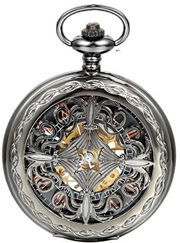 JewelryWe Retro chinesische Knoten Openwork Handaufzug Mechanische Taschenuhr Skelett Uhr Pullover Halskette Kette