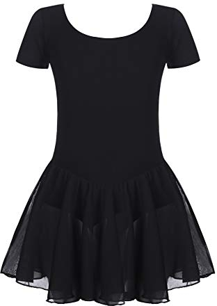 Untlet Ballettkleid Mädchen Kinder Kurarm Ballettanzug Ballett Trikot Kurzarm Body mit Chiffon Wickelrock Kinder Ballettkleidung Tanzkleid Tanzbody,Schwarz,130