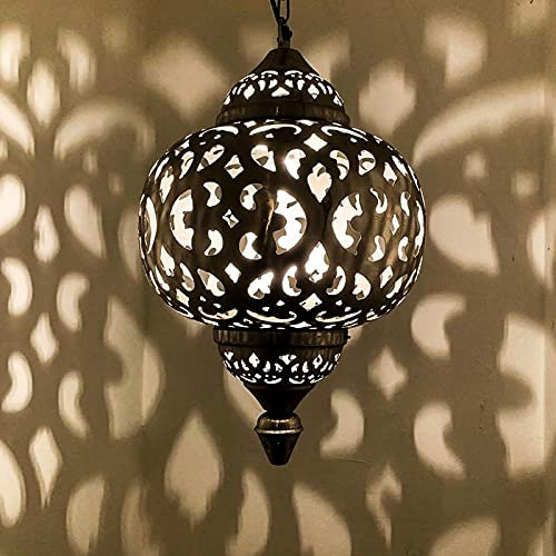 Orientalische Indische Messing Hängelampe Deckenlampe Shiva Silber, mit Aufhängekette Baldachin und E27 Lampenfassung, Schöne Dekoration für Wohnzimmer, Küche, Esszimmer, Büro oder Schlafzimmer