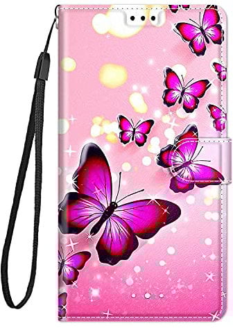 Hülle Leder für Samsung Galaxy A50, A50S & A30S (2019) Handyhülle, Niedliches Muster Klapphülle Lederhülle mit 360 Grad Stoßfest Kartenfachr Schutzhülle Klappbar Flip Case Cover - Rosa Schmetterling