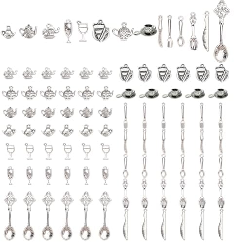 SUNNYCLUE 1 Scatola 84 Pezzi 14 Stili Ciondoli da Cucina Stoviglie Strumento da Cucina Cucchiaio Coltello Forchetta Ciondoli in Lega Stile Tibetano per Creazione di Gioielli Ciondoli Bracciali