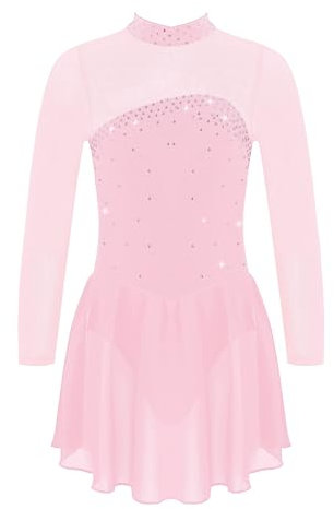 YiZYiF Abito da Pattinaggio Artistico Bambina Chiffon Strass Vestito Danza Classica Leotards Body da Balletto Abito da Ballo Costumi di Danza Rosa 11-12 anni