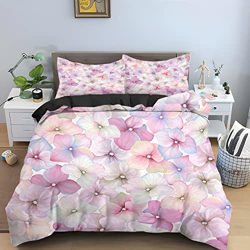 Housse de Couette 240 x 260 Fleur Rose Violet Parure de Lit 240 x 260 Mou Microfibre Anti-Acariens Allergie, Respirant Couette 240x260 avec Fermeture Eclaire+2 Taie Oreiller 50x75+Draps Blancs