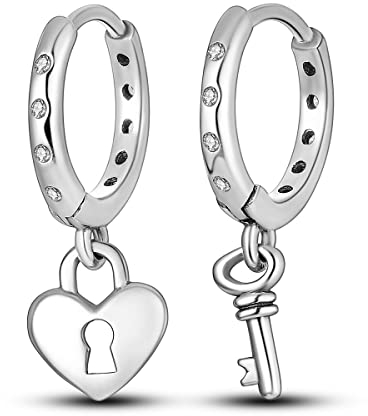 NARMO 925 Sterling Silver Heart Lock Earrings for Women Small Key Hoop Earrings Hypoallergenic Dangle Drop Earrings