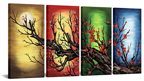 NutArtPic 4 Seasons Bunte Bäume gerahmte Wandkunstdrucke Kirschblüte Leinwand Farbe Blüte auf dem Ast Gemälde Floral Ölbild Drucke für Home Office Dekor fertig zum Aufhängen 30,5 x 61 cm x 4 Stück