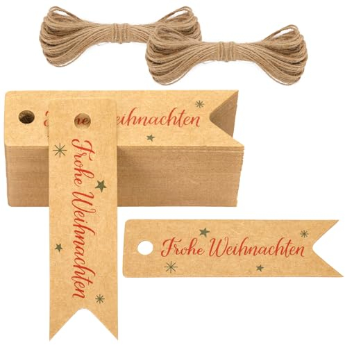 G2PLUS Klein Frohe Weihnachten Geschenkanhänger, Braun Weihnachten Anhänger Geschenk,100 Stk Weihnachten Etiketten, 2x7CM Weihnachtsanhänger Papier zum Geschenke oder Weihnachten Adventkalender Deko