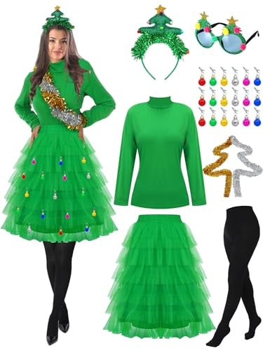 Xtinmee 25-teiliges Weihnachtsbaum-Kostüm-Set für Damen, festliches Partykleid, Weihnachtsbaum, Erwachsenen-Outfit für Weihnachten, Party-Kostüme