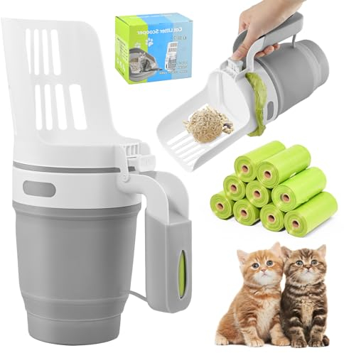 Cat Litter Tray Scoop, 2-in-1 Cat Litter Scoop, Litter Scoop with Container, Removable Dirt-Free Disposal Bucket, Foldable Cat Litter Scoop with 9 Rolls of Waste Bags, for Cat and Dog