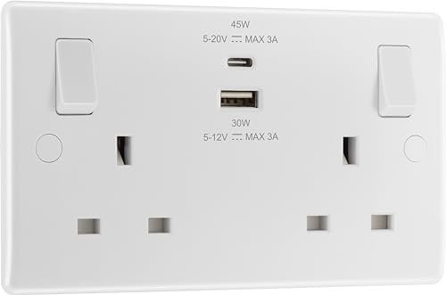 BG Electrical Double Switched Power Wall Plug Socket with Super Fast Charge Type A & C USB Charging Ports, Round Edge, Nexus 800 Series, White Moulded, 13A, 45W, 822UAC45