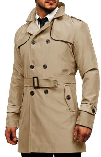 Runcati Trench pour homme Coupe ajustée Double boutonnage Manteau mi-long classique Business Casual Manteau automne coupe-vent, kaki, L
