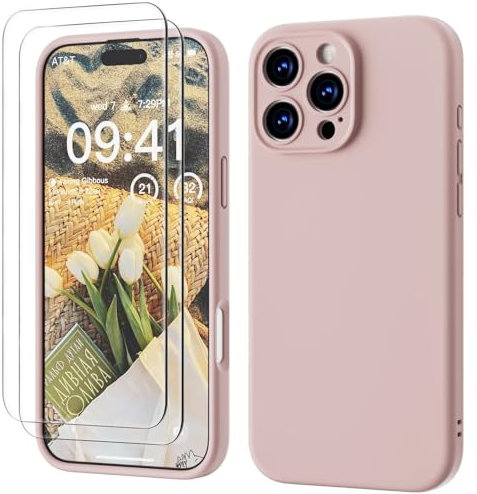 GOODVISH 3 IN 1 for iPhone 16 Pro Max Case 6.9 inch, Upgraded Camera Protection, 2 Pack HD Screen Protector, Liquid Silicone Anti-Scratch Shockproof Gel Rubber Non-Fingerprint Phone Case, Sand Pink