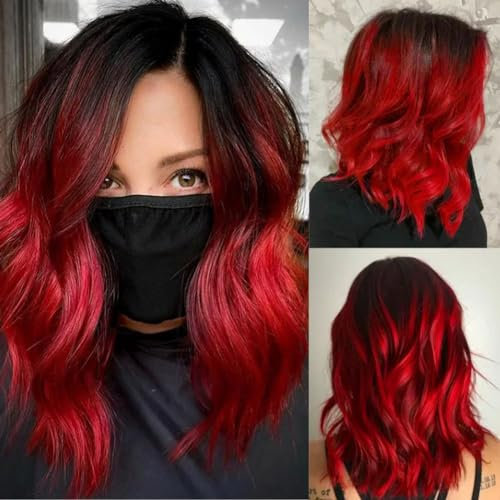 Salaibs Schwarz bis Rot Kurze Lockige Perücken für Frauen Dunkle Wurzel Bob Wellige Seitenteil Haar Perücke Natürliche Synthetische Cosplay Halloween Perücke