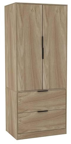 URBNLIVING 2 Door 2 Drawer Minimalist Bedroom Oak Wardrobe Storage & Hanging Rail Modern Furniture with Clothes Shelf for Home Organiser Unit 179cm H x 74cm W x 50cm D
