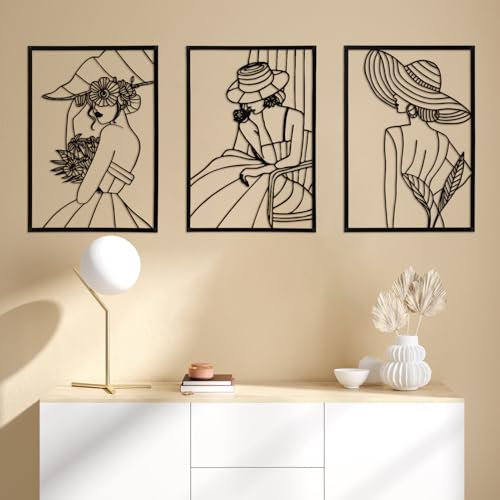 EOJDDPA Wanddeko Metall 3er Set - Abstrakte Frau Silhouette mit 3D Effekt für Schlafzimmer & Wohnzimmer | Metall Wanddeko Rostfrei + Einfache Montage