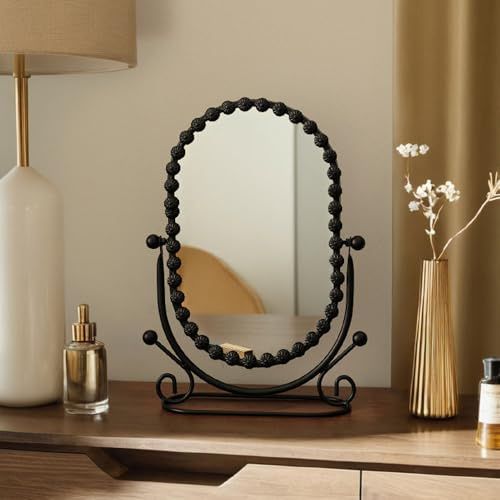 Hosoncovy Miroir de bureau ovale sur pied avec cadre en métal pour salle de bain, chambre à coucher (noir)