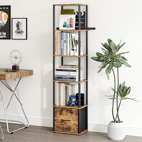 YAUKTAK Libreria Angolare a 6 Ripiani Scaffale Salvaspazio Verticale con Struttura in Metallo e Legno Scaffale Libreria con 1 Cassetto per Soggiorno, Camera da Letto e Ufficio Marrone Rustico HBC505R