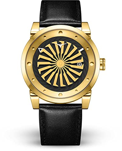 ZINVO Blade Herren Luxus-Uhr mit Automatik-Uhrwerk, schwarzes Lederband, und Gelbgold