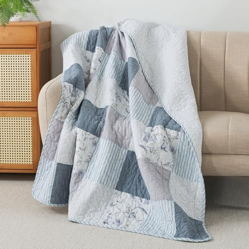 SLPR „Coastal Dream” Echte Patchwork-Steppdecke aus Baumwolle (127 cm x 152 cm) | Dekorative Runde Wurfdecke für Bett, Couch, Sofa