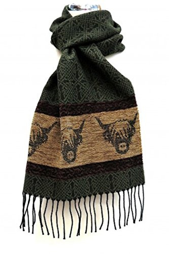 Calzeat of Scotland Celtic Alba Highland Cow Coo Green Jacquard Wool Scarf
